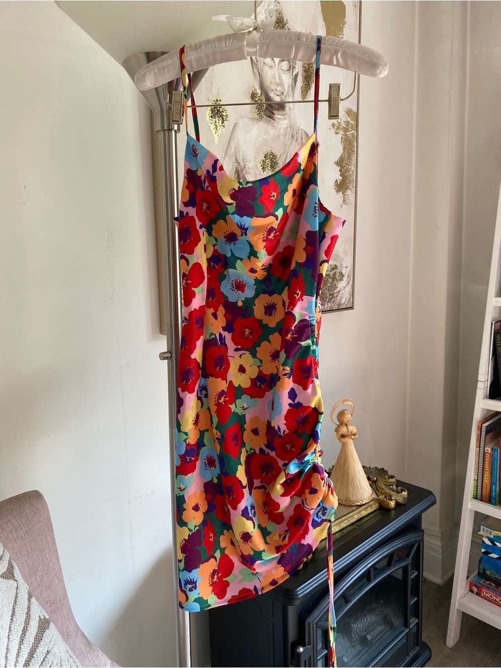 SATIN MINI DRESS FLOARL RUCHED - Picture 2 of 10